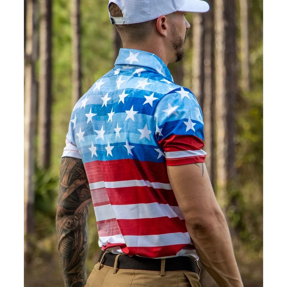 Yatta Polo Golf Shirt Mens MEDIUM Red White Blue Performance USA Flag Patriotic